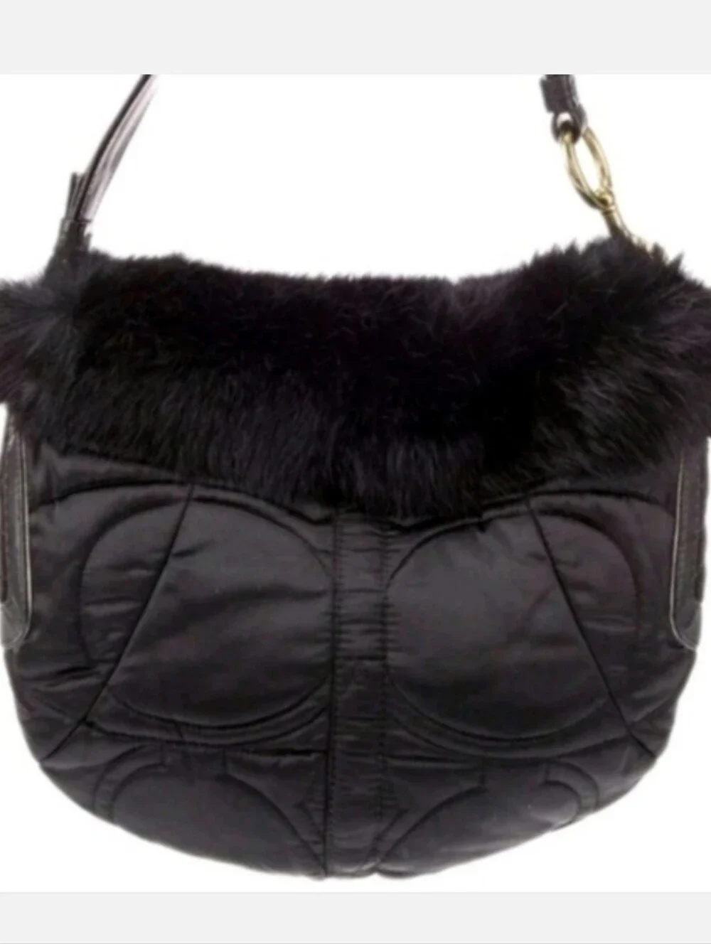 2 Pc. Coach Rabbit Furry Trim Black Quilted Shoulder Bag & Soho Ski Wristlet Set